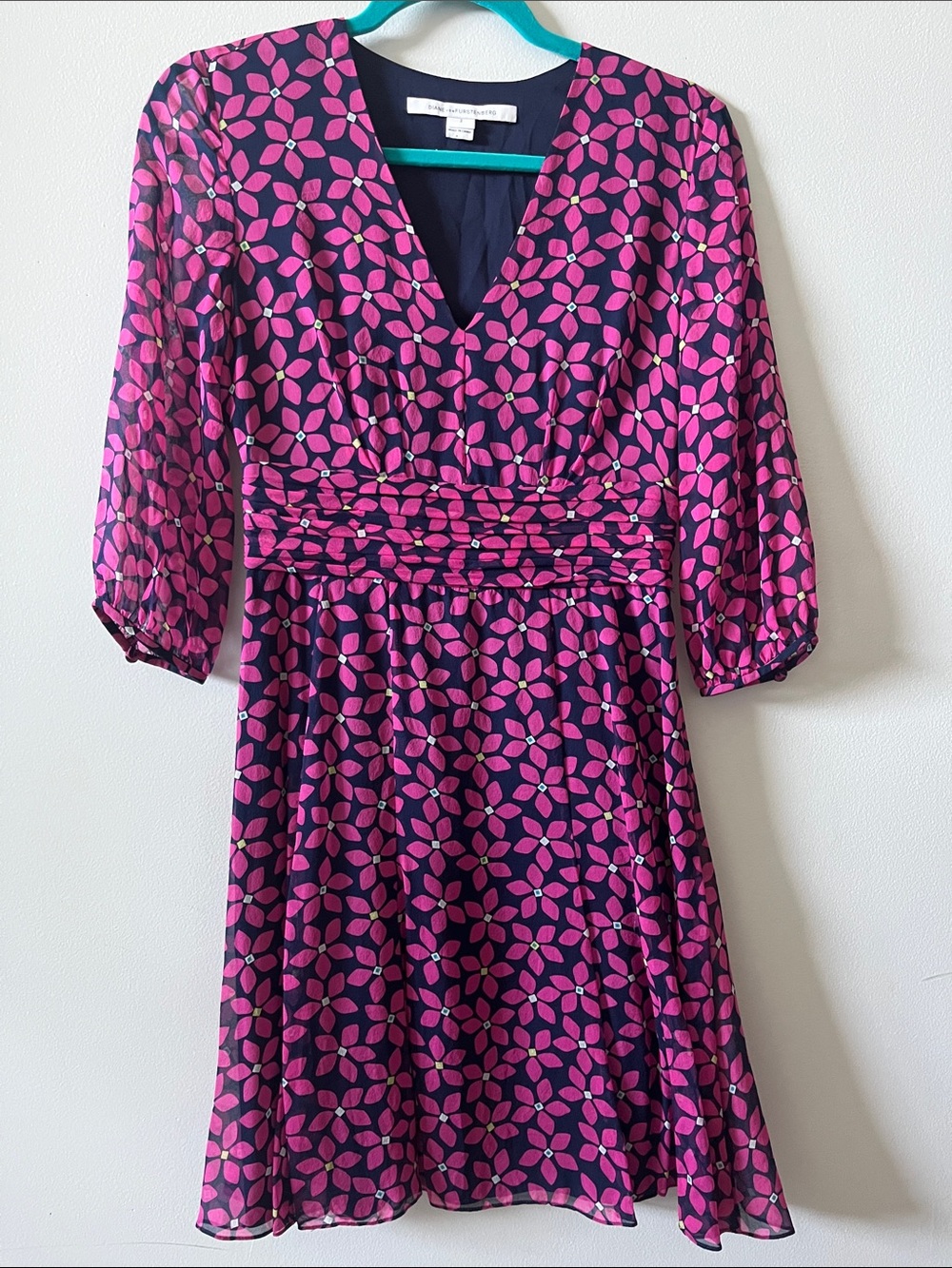 Diane Von Furstenberg Silk Freya Dress ditsy floral pink navy half sleeve mini